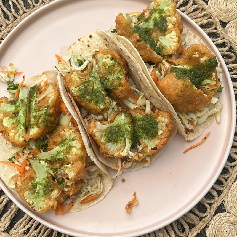 fried battered brocoli tacos