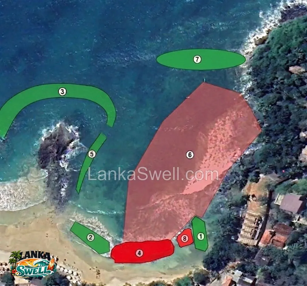 Annotated aerial surf guide showing eight entry, paddle-out, lineup and hazard zones at Mirissa Point