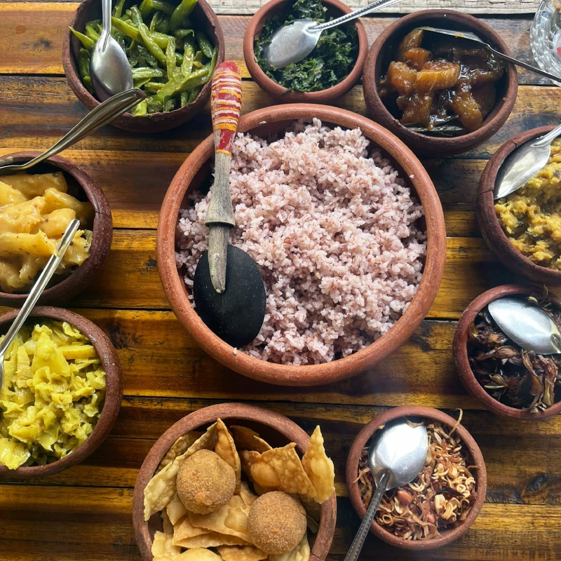 sri lanka rice and curry meal, in traditional clay pots