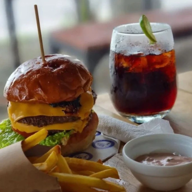 burger with fries and coca cola home made