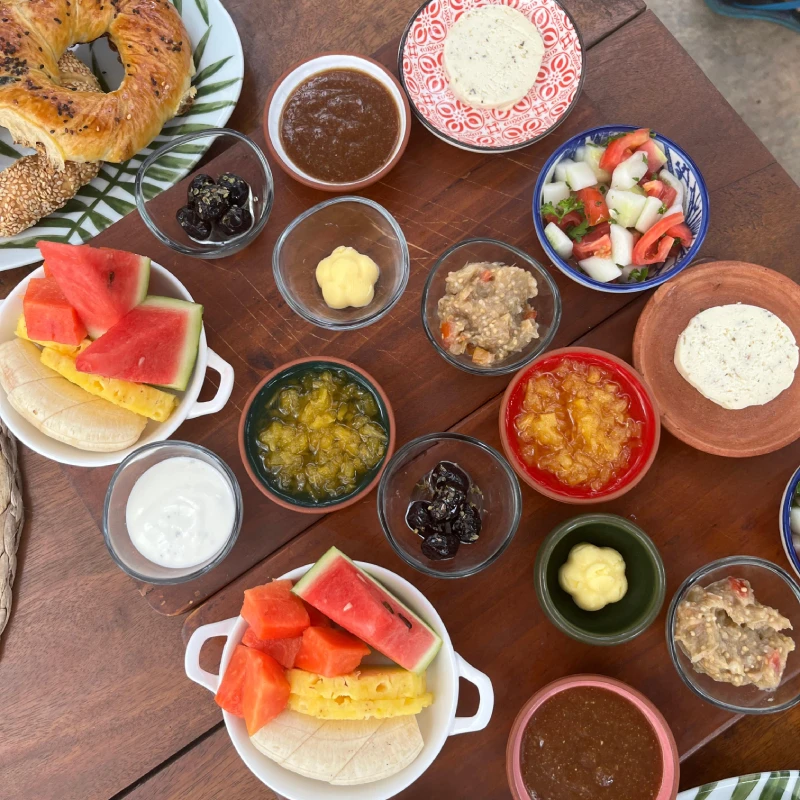 turkish breakfast with bread and fruits